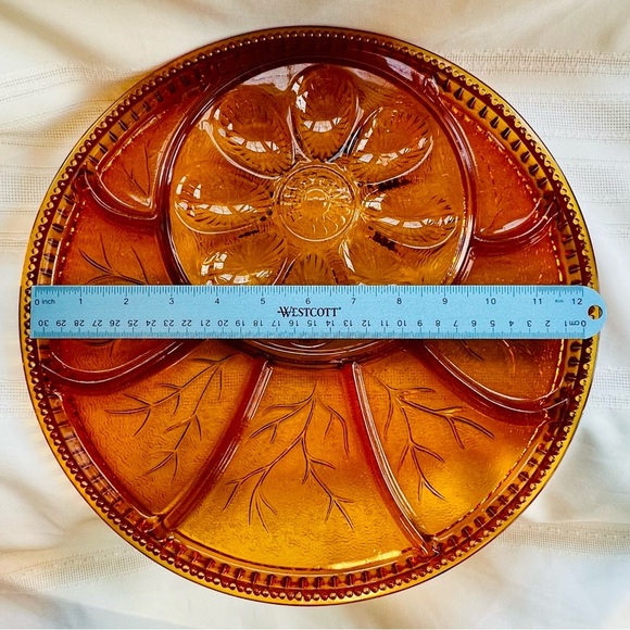 Egg Plate Relish Plate Round Amber Pebble Leaf by Indiana Glass VTG Discontinued - Picture 9 of 11